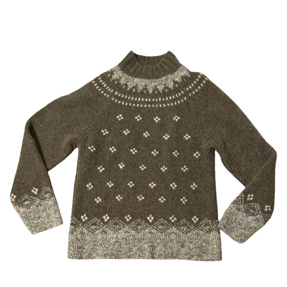 Vintage Brown Merino Wool Blend Fair Isle Mock Cozy Neck Sweater Womens Medium